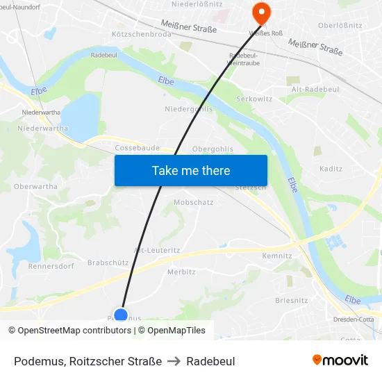 Podemus, Roitzscher Straße to Radebeul map