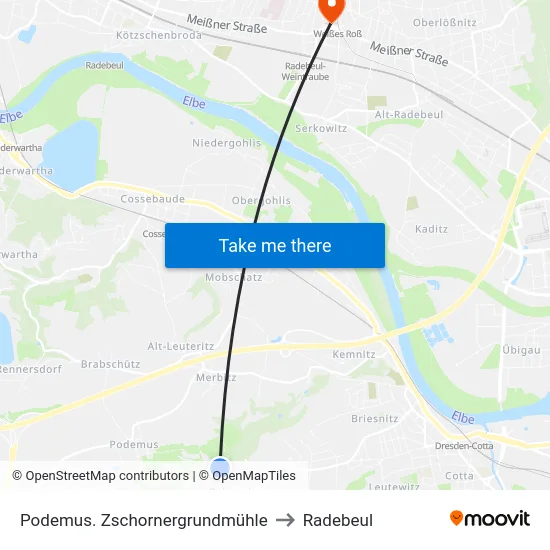 Podemus. Zschornergrundmühle to Radebeul map
