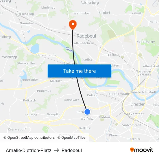 Amalie-Dietrich-Platz to Radebeul map