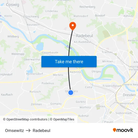 Omsewitz to Radebeul map