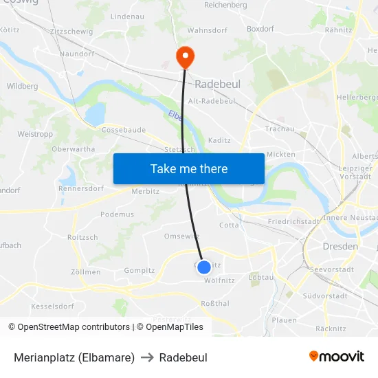 Merianplatz (Elbamare) to Radebeul map