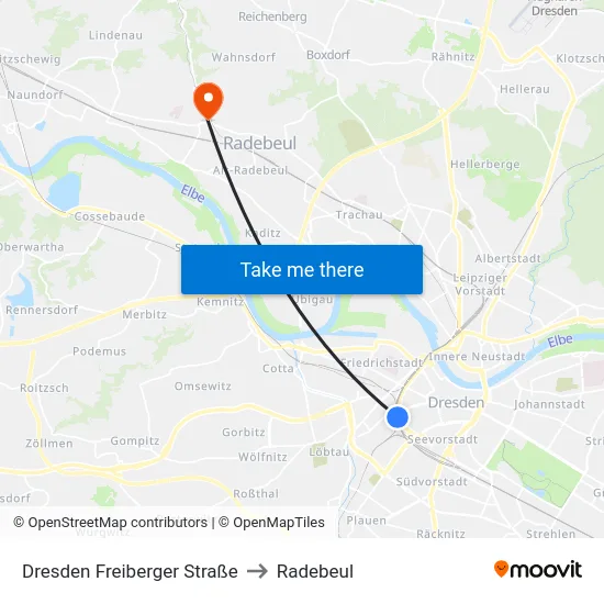 Dresden Freiberger Straße to Radebeul map