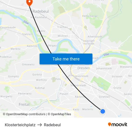 Klosterteichplatz to Radebeul map