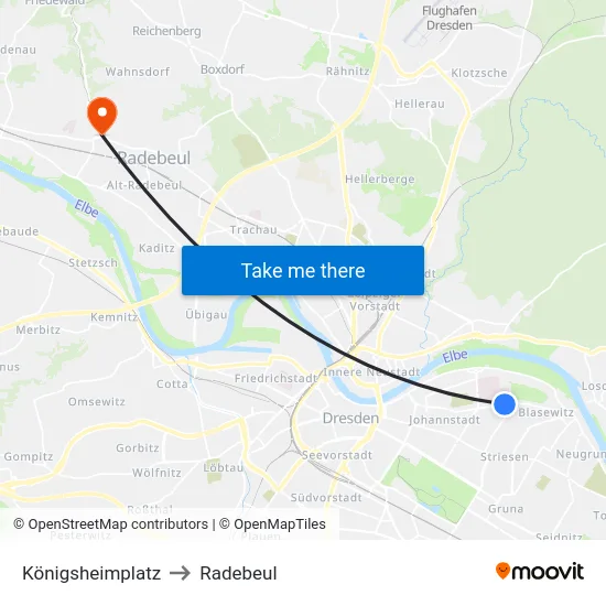 Königsheimplatz to Radebeul map