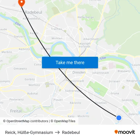 Reick, Hülße-Gymnasium to Radebeul map