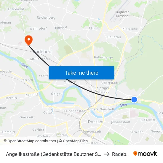 Angelikastraße (Gedenkstätte Bautzner Straße) to Radebeul map