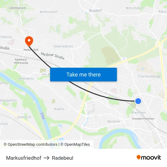 Markusfriedhof to Radebeul map