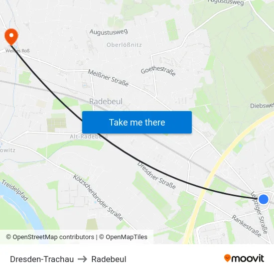 Dresden-Trachau to Radebeul map