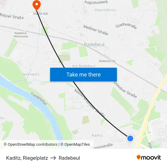 Kaditz, Riegelplatz to Radebeul map