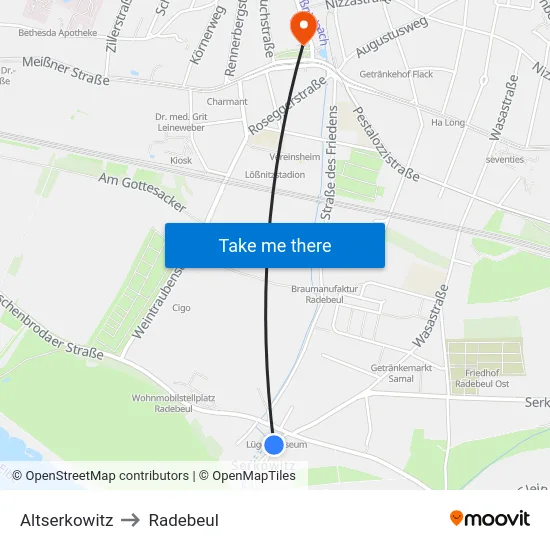 Altserkowitz to Radebeul map