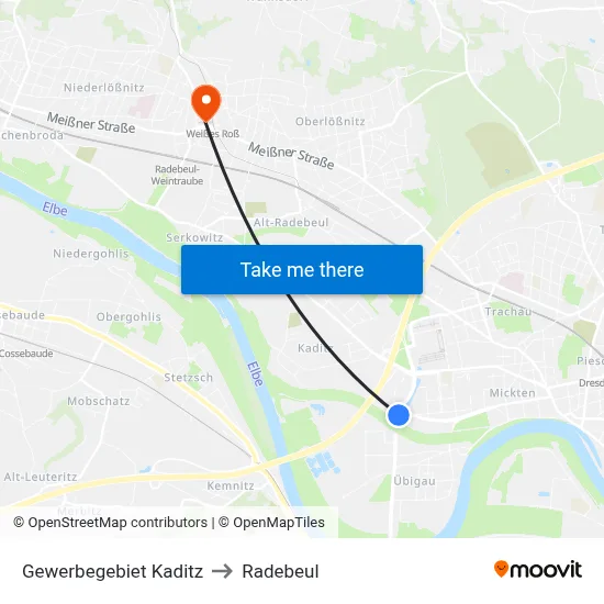 Gewerbegebiet Kaditz to Radebeul map
