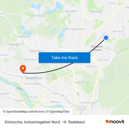 Klotzsche, Industriegebiet Nord to Radebeul map