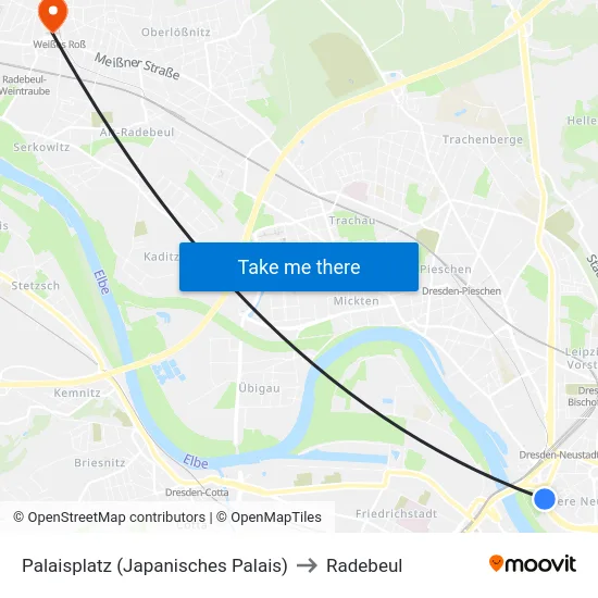 Palaisplatz (Japanisches Palais) to Radebeul map