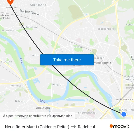 Neustädter Markt (Goldener Reiter) to Radebeul map