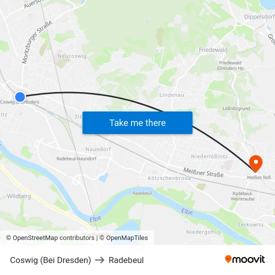 Coswig (Bei Dresden) to Radebeul map