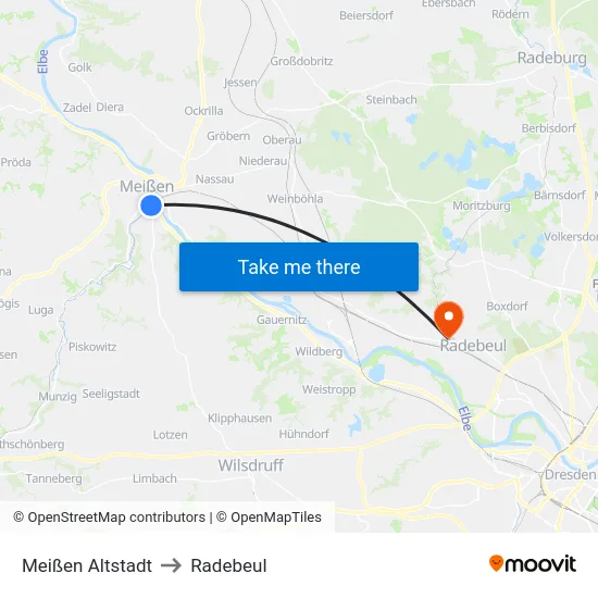 Meißen Altstadt to Radebeul map