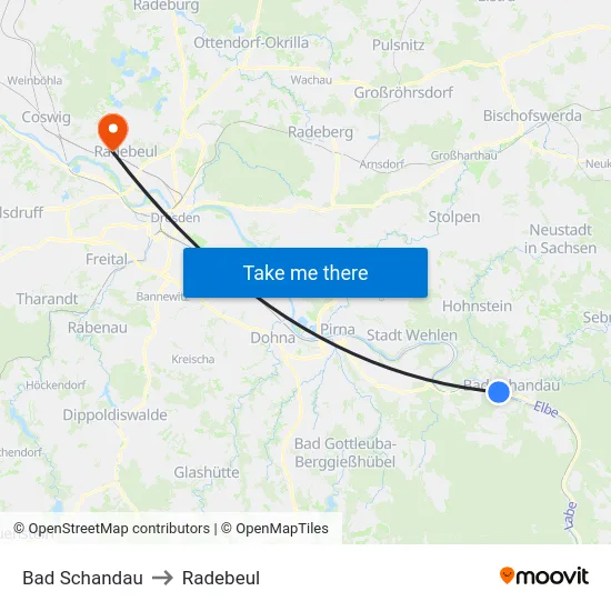 Bad Schandau to Radebeul map