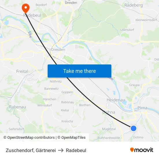 Zuschendorf, Gärtnerei to Radebeul map