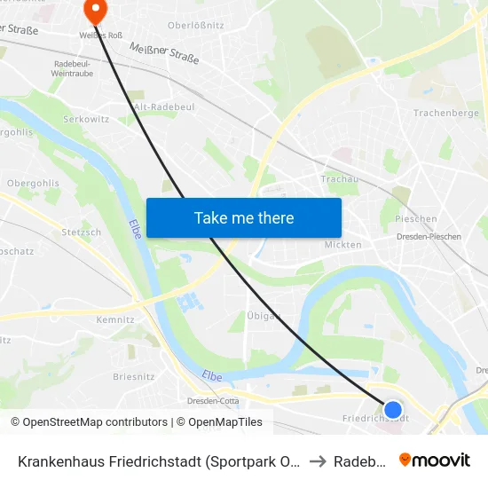 Krankenhaus Friedrichstadt (Sportpark Ostra) to Radebeul map
