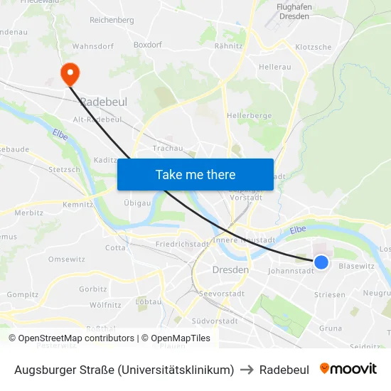 Augsburger Straße (Universitätsklinikum) to Radebeul map
