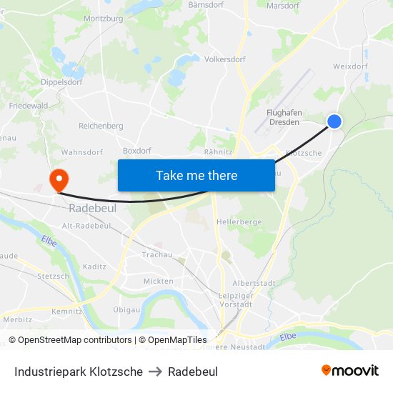 Industriepark Klotzsche to Radebeul map