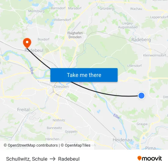 Schullwitz, Schule to Radebeul map