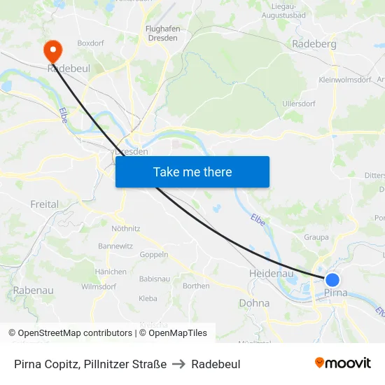 Pirna Copitz, Pillnitzer Straße to Radebeul map