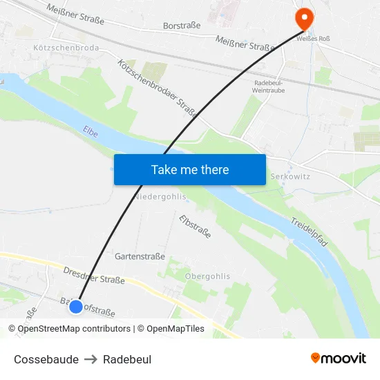 Cossebaude to Radebeul map