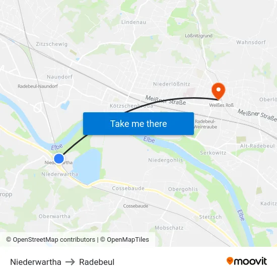 Niederwartha to Radebeul map