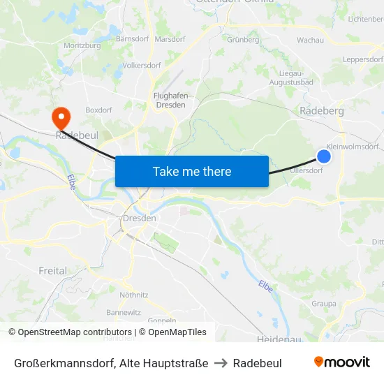 Großerkmannsdorf, Alte Hauptstraße to Radebeul map