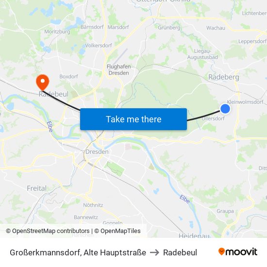 Großerkmannsdorf, Alte Hauptstraße to Radebeul map
