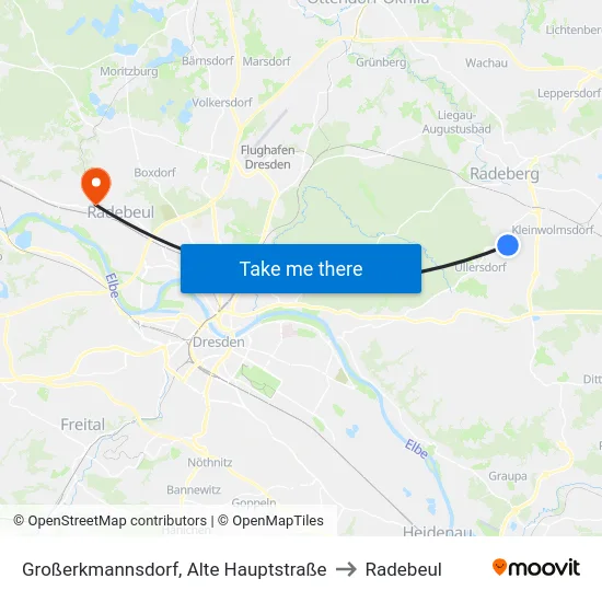 Großerkmannsdorf, Alte Hauptstraße to Radebeul map