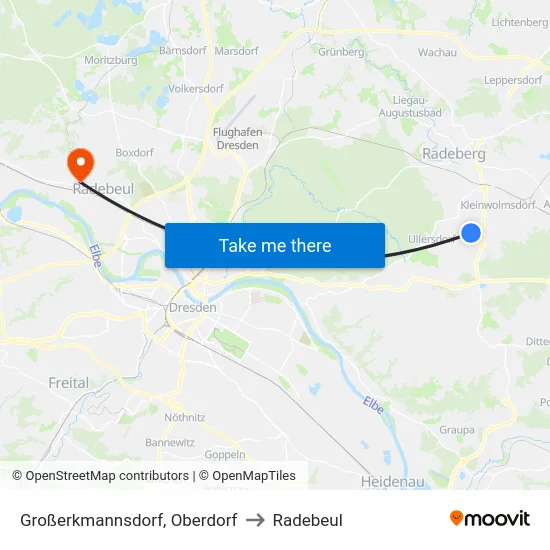 Großerkmannsdorf, Oberdorf to Radebeul map