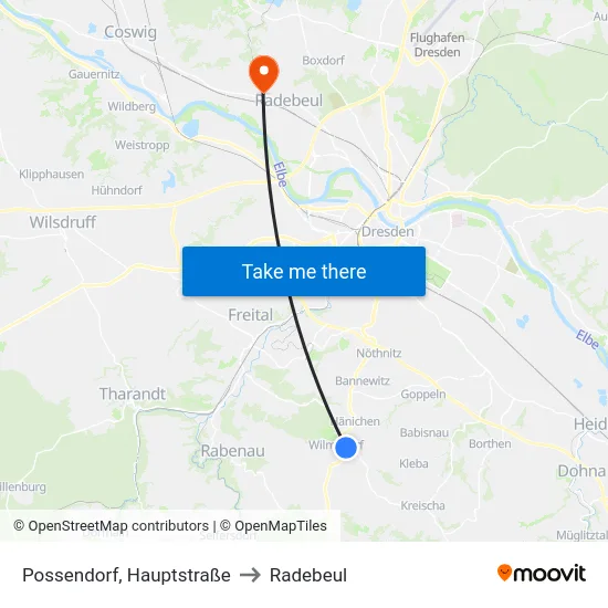Possendorf, Hauptstraße to Radebeul map