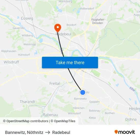 Bannewitz, Nöthnitz to Radebeul map