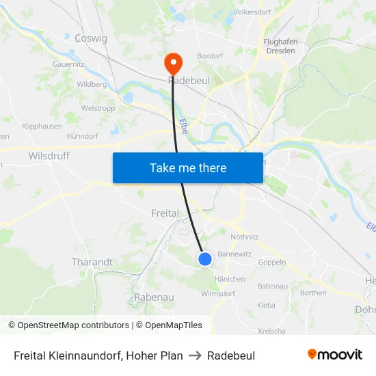 Freital Kleinnaundorf, Hoher Plan to Radebeul map