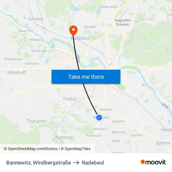Bannewitz, Windbergstraße to Radebeul map