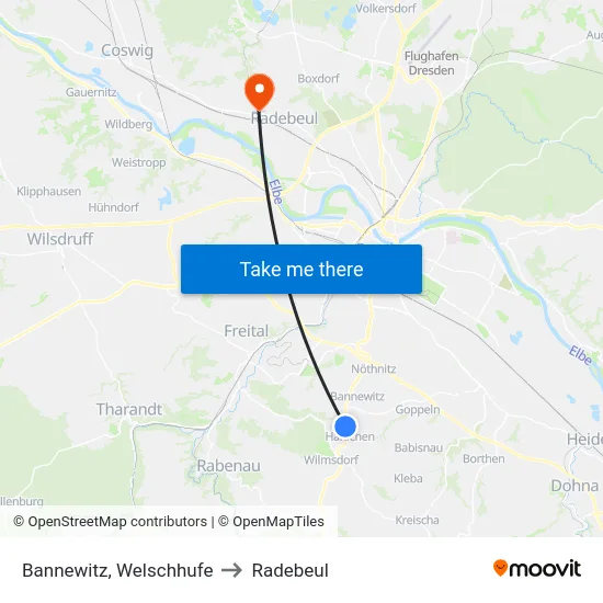 Bannewitz, Welschhufe to Radebeul map
