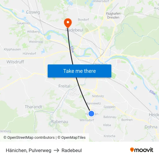 Hänichen, Pulverweg to Radebeul map
