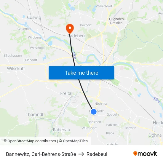 Bannewitz, Carl-Behrens-Straße to Radebeul map