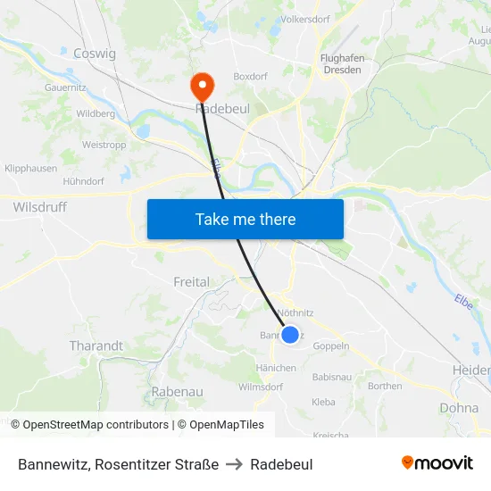 Bannewitz, Rosentitzer Straße to Radebeul map