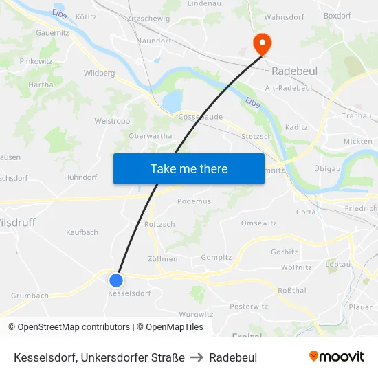 Kesselsdorf, Unkersdorfer Straße to Radebeul map