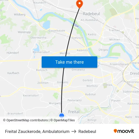 Freital Zauckerode, Ambulatorium to Radebeul map