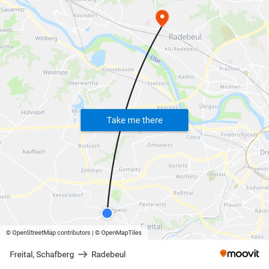 Freital, Schafberg to Radebeul map