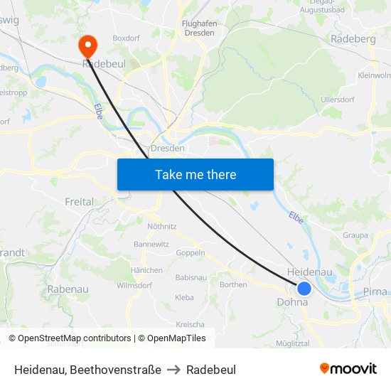 Heidenau, Beethovenstraße to Radebeul map