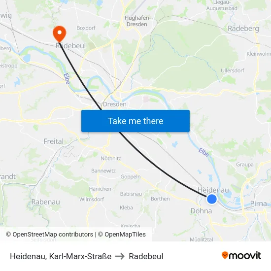 Heidenau, Karl-Marx-Straße to Radebeul map