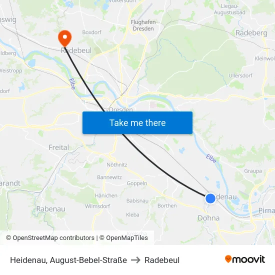 Heidenau, August-Bebel-Straße to Radebeul map