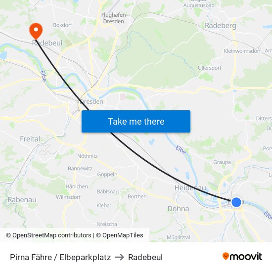 Pirna Fähre / Elbeparkplatz to Radebeul map