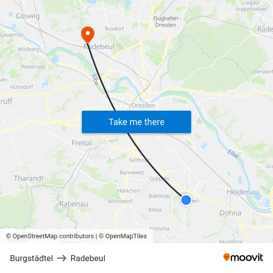 Burgstädtel to Radebeul map