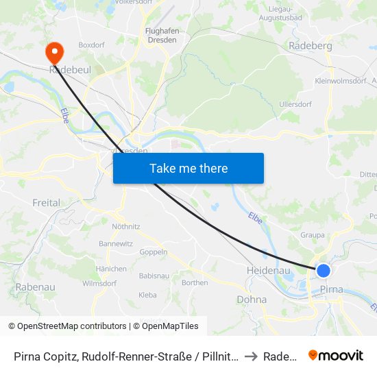 Pirna Copitz, Rudolf-Renner-Straße / Pillnitzer Straße to Radebeul map